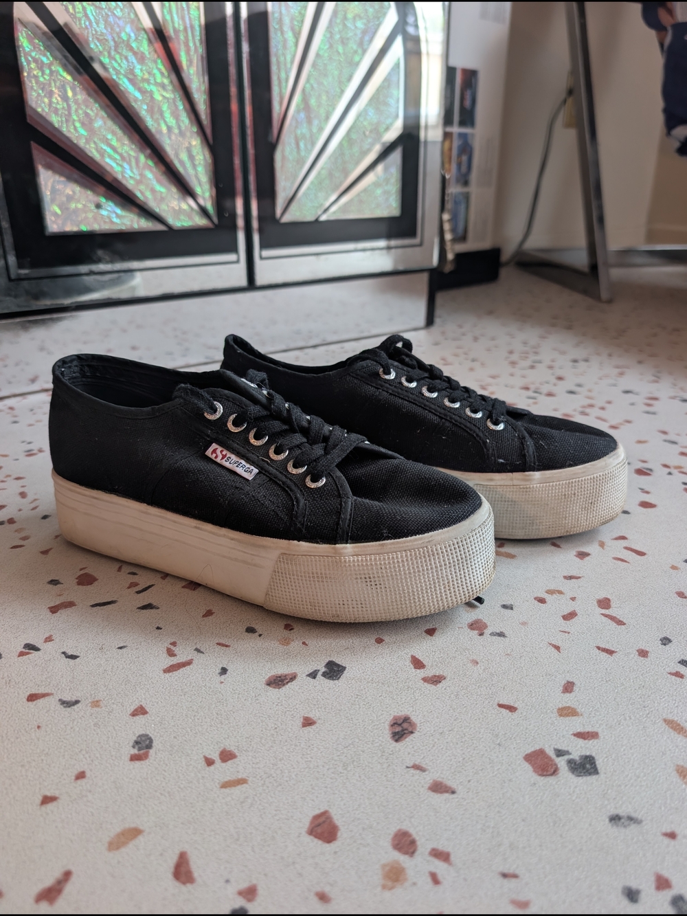 Superga Black Canvas Platform Sneakers with White Sole